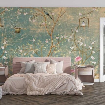 Pakhi Chinoiserie Wallpaper – Sage Gold Blossom