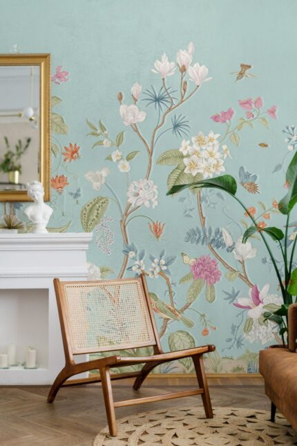 Botanical Blossom Wallpaper – Soft Aqua