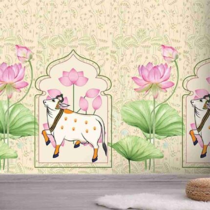 Lotus Cow Traditional Wallpaper