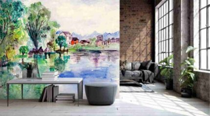 Serene Lakeside Village Mural