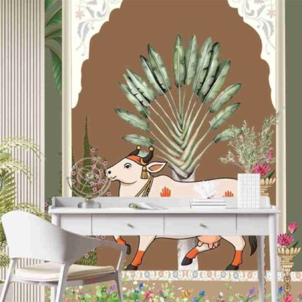 Tropical Courtyard Cow Art Wallpaper