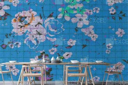 Azure Grid Floral Dining Wall