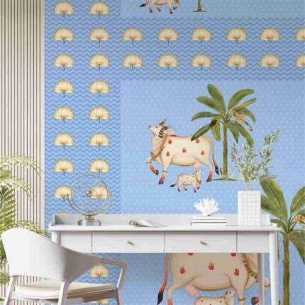 Lotus & Cow Pattern Wallpaper