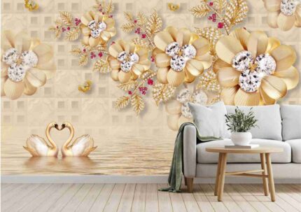 Golden Floral Swan Romance Wall Mural