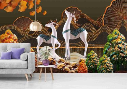 Stylized Deer & Mountain Wall Mural