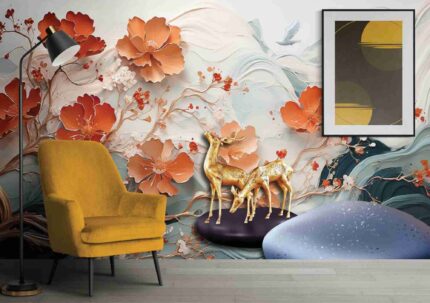 Oversized Floral & Deer Wall Mural
