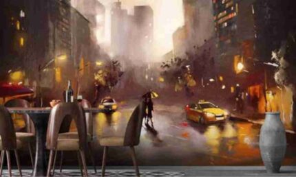 Rainy Night Cityscape Wall Mural