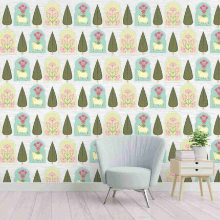Pastel Folk Garden Pattern Wallpaper