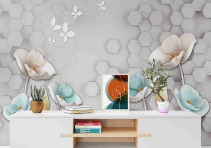 Hexagon Floral & Butterfly Wall Mural